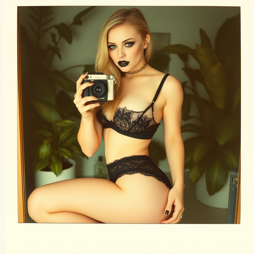 An old polaroid photo with a color tint to the photograph and visible light leaks. The photo depicts a reflection of a sexy girl with pale skin taking a selfie with an old film camera. Her booty is plump. She is gothic and wears seductive makeup with long eyelashes and black lipstick. Her mascara is running as though she has been crying. She has large breasts with ample cleavage. She is wearing a skimpy thong that leaves a gap between her pubic area and thigh. The fabric of her thong is black lace. Her bra is translucent and mesh. She is in a photography studio with artistic lighting and plants are all around behind her. Her skin has a natural texture with visible pores and imperfections. Her nails are painted black. She is pulling her thong by the edge. She has a thigh gap. She is on her knees kneeling above a large mirror.