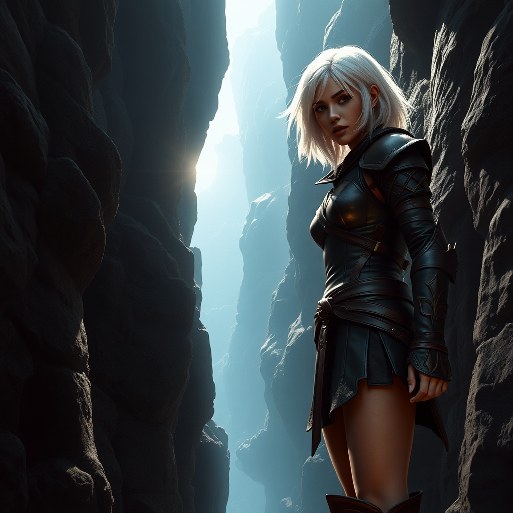 A female like (Ana de Armas). Messy shoulder-length white hair. Leather armor, high heel ankle boots. Chasm in Ultima Underworld. Photorealistic digital matte painting, highly detailed, film grain, lens flare.