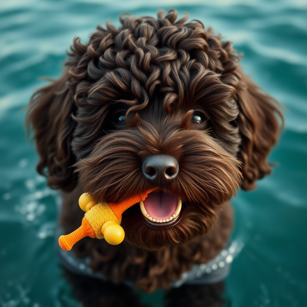 cute gigantic dark chocolate colored cockapoo coming out of the ocean, ultra realistic, ultra detailed, 50mm photo, toy in his mouth, huge