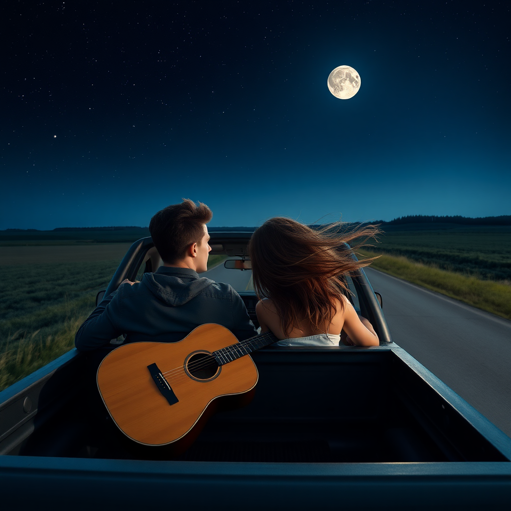 An image of a young couple driving down country roads in the middle of the night with the moon out and the stars above in their pickup truck with the top down. The guy is in the driver's seat. The woman in the passenger seat. There is a guitar in the flat bed. The woman's hair is blowing in the wind.