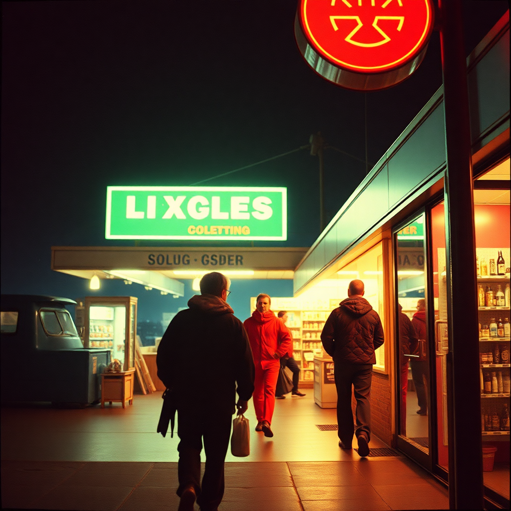 Highly detailed Kodachrome color real surrealist photograph from 1974 of Nighttime's flyers feel their pains Drugstore takes down the chains