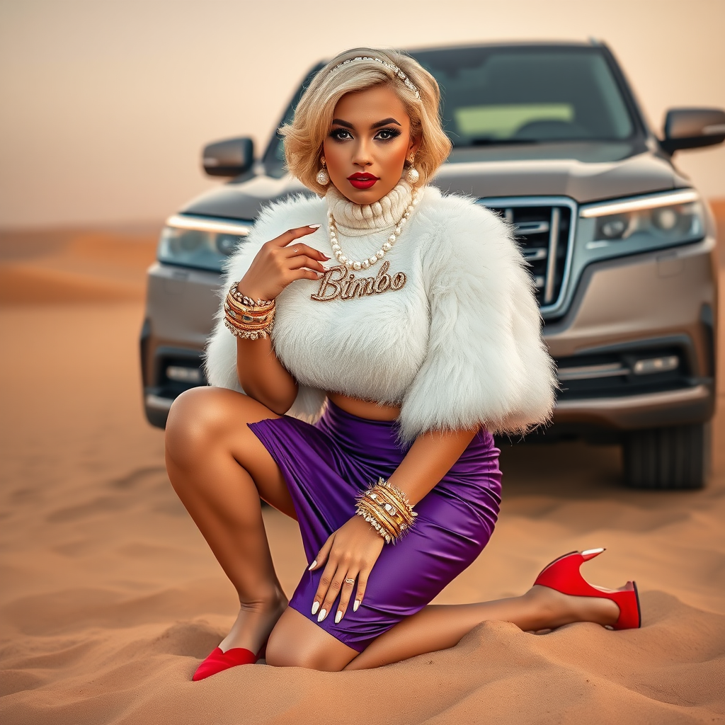 Kuwait desert dunes misty dawn, full size luxury SUV: Melissa, European 17 years old very convincing femboy “trophy-bimbo”, tamed servile docile, very beautiful feminine flawless face, rather short, by hormones very curvaceous womanly figured, platinum blond short tight curls, bold red lips, long white French nails, heavily made-up face, wearing Supertanya-style fluffy very fuzzy bright white angora turtleneck-poncho cropped ending under bust decorated with pearls and glass stones, very tight purple vinyl midi pencil skirt, bright red pumps with golden very high heels, white pearl belly piercing, full Oriental bridal jewelry including headpiece, nose-ring, coin wristlets, coin anklets, striking diamond “Bimbo” letter brooch on left chest, thick heavy pearl wristlets, pearl anklets, pout frustrated, kneeling in sand in front of SUV, looking at camera. Focus on face and turtleneck-poncho.