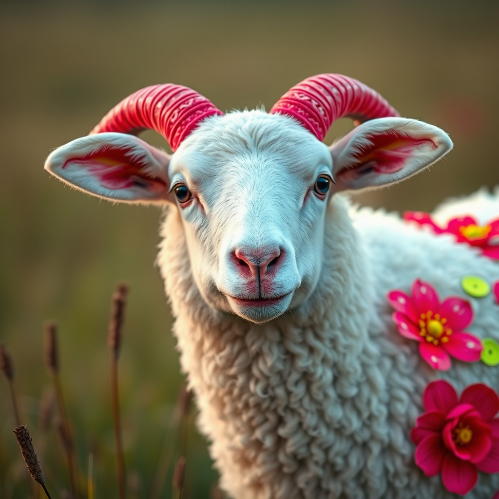 a shot photo of a sheep with pop red and neon lime green colours sequins work have large floral design with sequins work, creating a dreamy atmosphere, . Taken with a Canon E05 R camera with 50 mm f/1.8 lens and f/2.2 aperture. grassland backdrop, photography, photorealistic, hyperdetailed,