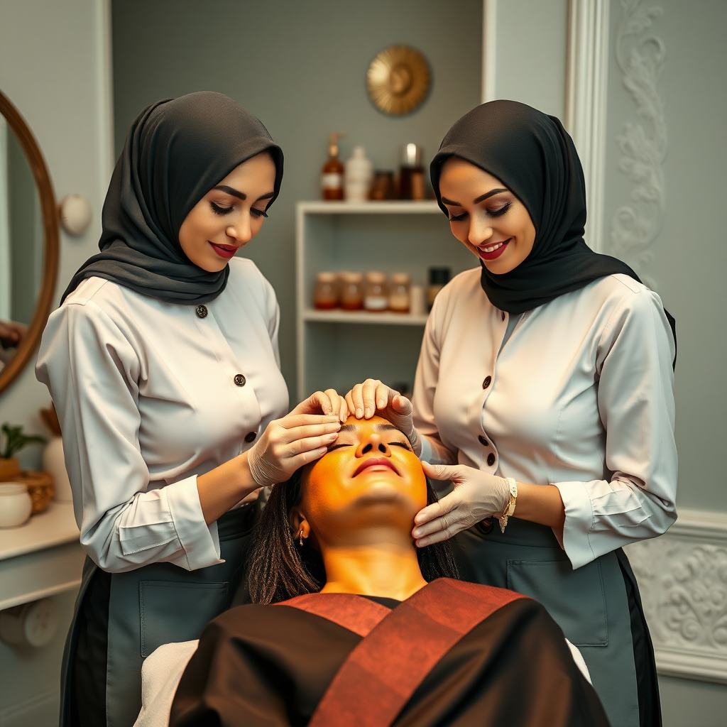 2 slim French maids with hijab, working in beauty parlour, giving turmeric facial to wealthy Indian wife