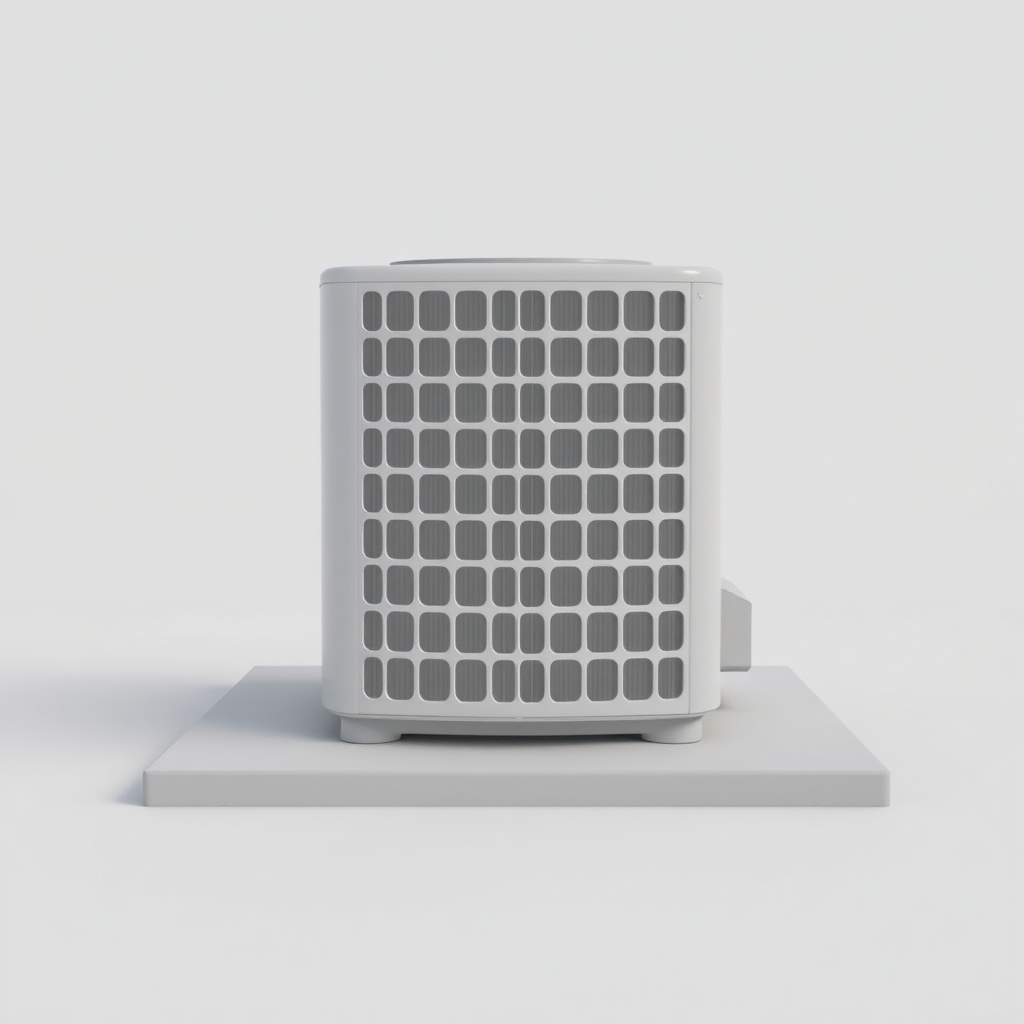 A simple, 3D model of a standard residential outdoor air conditioning unit or condenser. The unit should be placed on a flat surface. The unit should be a neutral color. Plain, uncluttered background. No text.