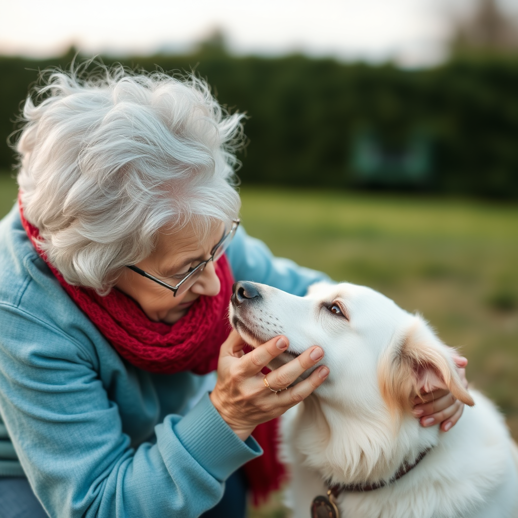 a grandma petting a dog