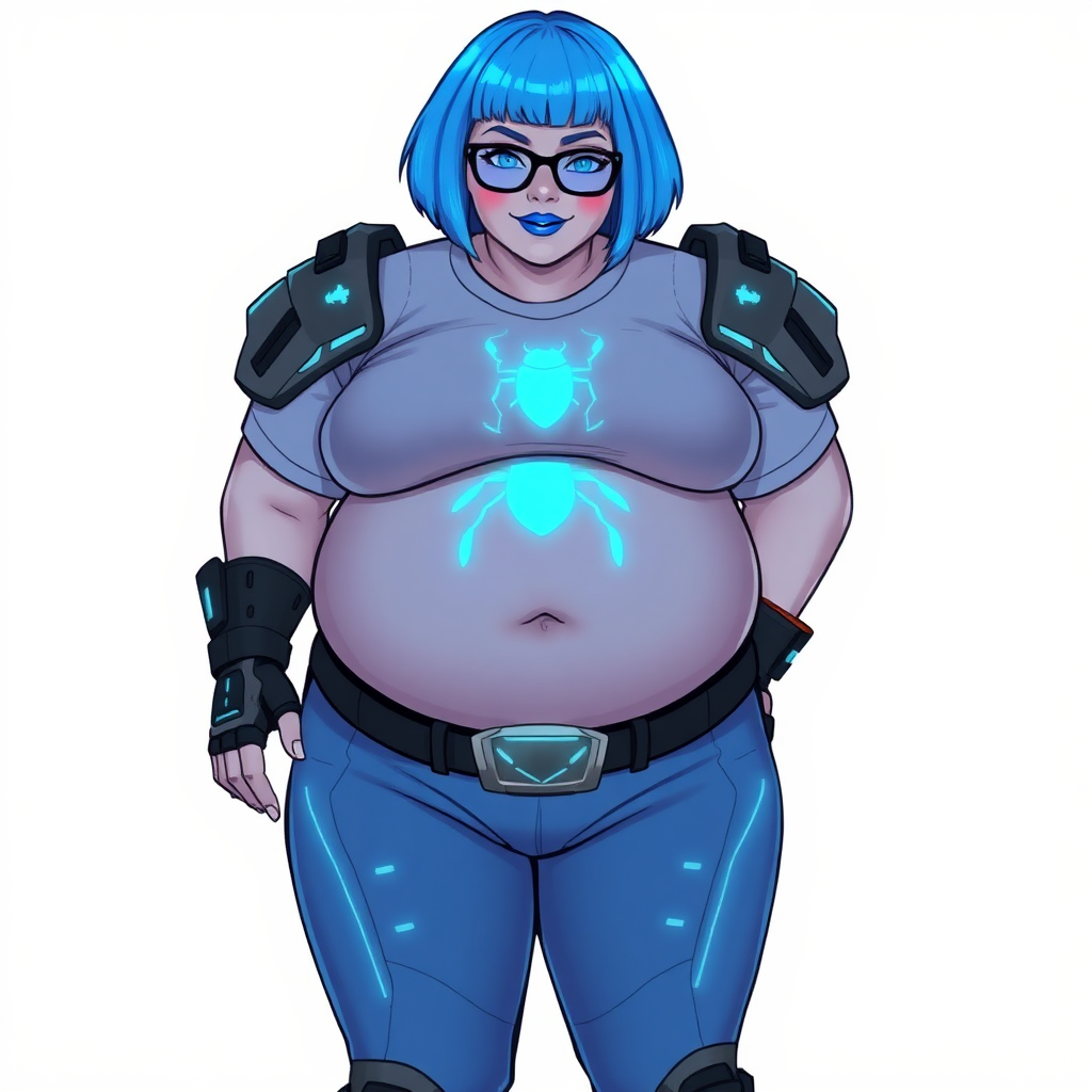 A 28-year-old, full-figured, middle gray-skinned computer program hybrid with a striking maximum blue bob cut. She has a non-athletic build, highlighted by a prominent, round, gigantic midsection (with heavy emphasis on her belly) that showcases the results of her pampering. As the cherished digital sidekick to her cyberpunk vigilante boyfriend, her middle gray metallic skin and maximum blue lipstick emphasize her digital essence. She dons a digital, computerized costume featuring a large, tight-fitting, maximum blue t-shirt with a neon blue glowing beetle icon on the chest, hi-tech shoulder pads with neon blue accents, a black hi-tech belt with a digital neon blue glowing beetle buckle, and digital maximum blue biker pants with neon blue accents. Her look is completed with black hi-tech fingerless biker gloves with neon blue glowing accents. Her neon blue glowing eyes, black eyeglasses with a neon blue glowing HUD built into the lenses, and a shy smile with neon red blush highlight her nerdy charm. She stands bashfully with her hands behind her back, her costume covering all her skin and emphasizing her full-figured physique, especially her belly. Despite her non-athletic build, she radiates beauty. Her slim face contrasts with her physique, accentuating her radiant beauty. She is depicted on a solid white background. She is drawn as if she were in a retro 2D cyberpunk fighting game.