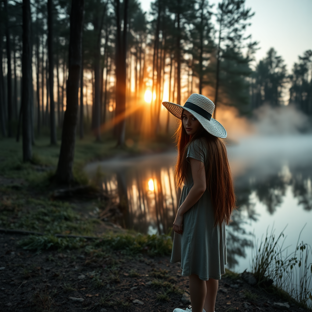 a young woman standing next to a lake in a forrest. long brunette hair. she is wearing a dress, sneakers and a wide straw hat. she looks a bit afraid. the sinking sun is falling through the trees. a little fog is rising from the lake. light like in fairy tale, a bit mystic. photo