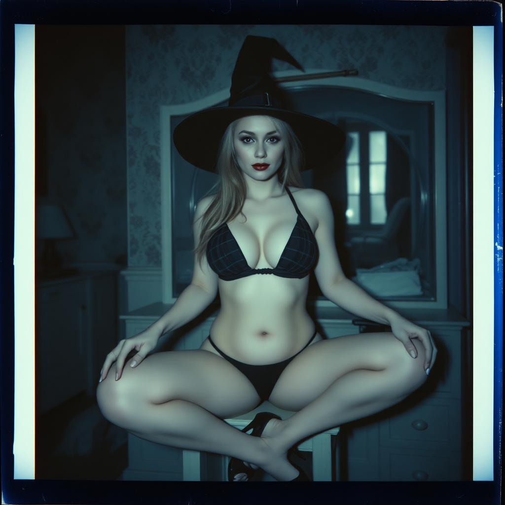 can of an old polaroid photo with heavy dark vignetting and a blue color tint to the photograph and visible light leaks. The photo depicts a sexy alt goth woman with pale skin. She has large breasts with ample cleavage and is wearing a plaid bra with triangle shaped cups. She is wearing a witch hat. The image looks hazy and grungy. She is in an old house with wallpaper on the walls. Dark lighting with camera flash used. Candid. She is wearing a tiny revealing thong. She is sitting on a built-in vanity with a mirror with her knees spread apart. She is wearing black high heels.