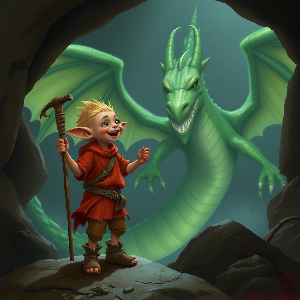 A small, skinny, light brown, excited kobold in a tattered red tunic and dirty brown pants wearing a quarterstaff on his back as he sees a large green dragon in a cave.