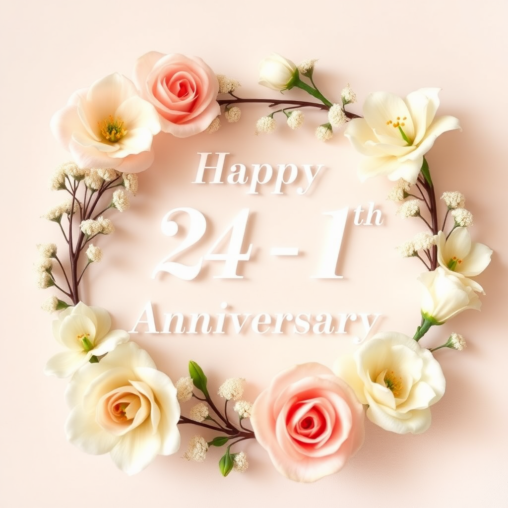 Create a soft, elegant image for a 24th wedding anniversary with a subtle 25-1 motif, blending celebration and love. Include delicate flowers, such as roses or lilies, arranged around a message that reads: "Happy 24-1th Wedding Anniversary". Incorporate soft pastel colors like pinks, creams, and whites. The overall vibe should be warm, romantic, and joyous, capturing the essence of love and commitment over the years.