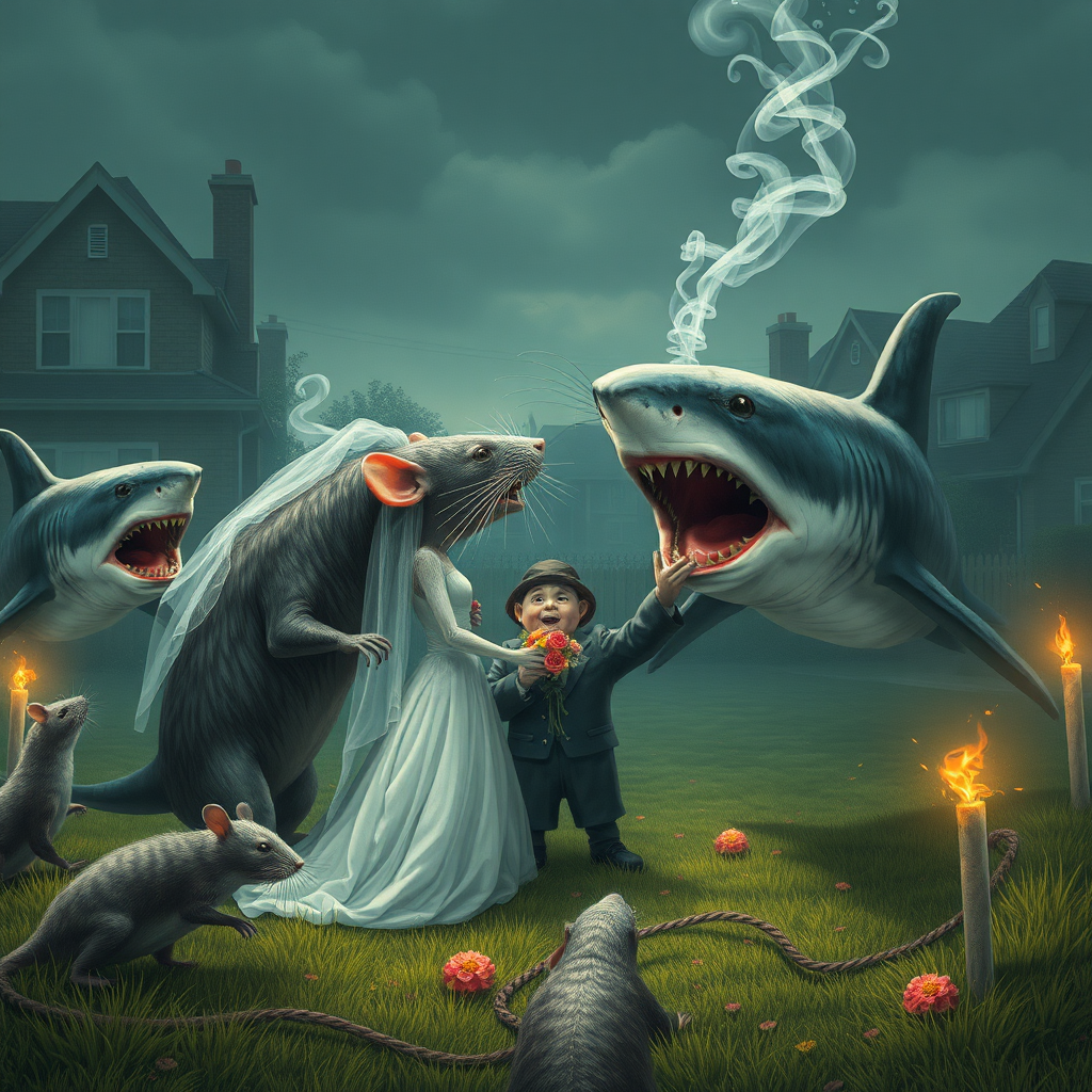 A rat wedding being attacked by hammerhead sharks, no text, Lovecraftian, sci-fi, in the suburbs, cigarette ad