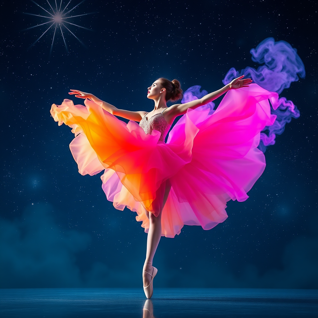 a beautiful ballerina dressed in a large colorful smoke dress in a starry night galactic landscape