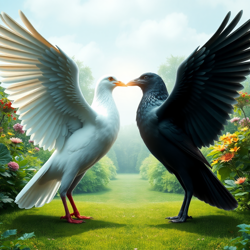 a huge white dove and a huge black crow standing facing each other within a clearing in an incredible lush garden, slowly flapping their powerful wings. The beak of the dove is touching the beak of the crow. There is a large abstract infinity symbol of wavy, transparent light energy that intersects at the beaks and covers the entire bodies of the birds