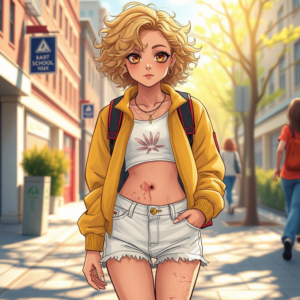 Realistic drawing style image, Extremely good quality 8k resolution drawn manga image of a 15 year old petite and short tomboy girl with golden blonde curly hair with mixed and different colored eyes for each eye and moles on her entire body and is a white American girl, Has on a Gold Jacket over a white extremely short crop top only covering her breasts and nothing more with a design on it, and has on ripped shorts and cool looking sneakers and a deep and big knife cut wound on her stomach from a huge injury she had, with a bright color backpack, ear piercings on, walking on the street to school in the morning with the beautiful sunlight lighting up her body beautifully with no tattoos.