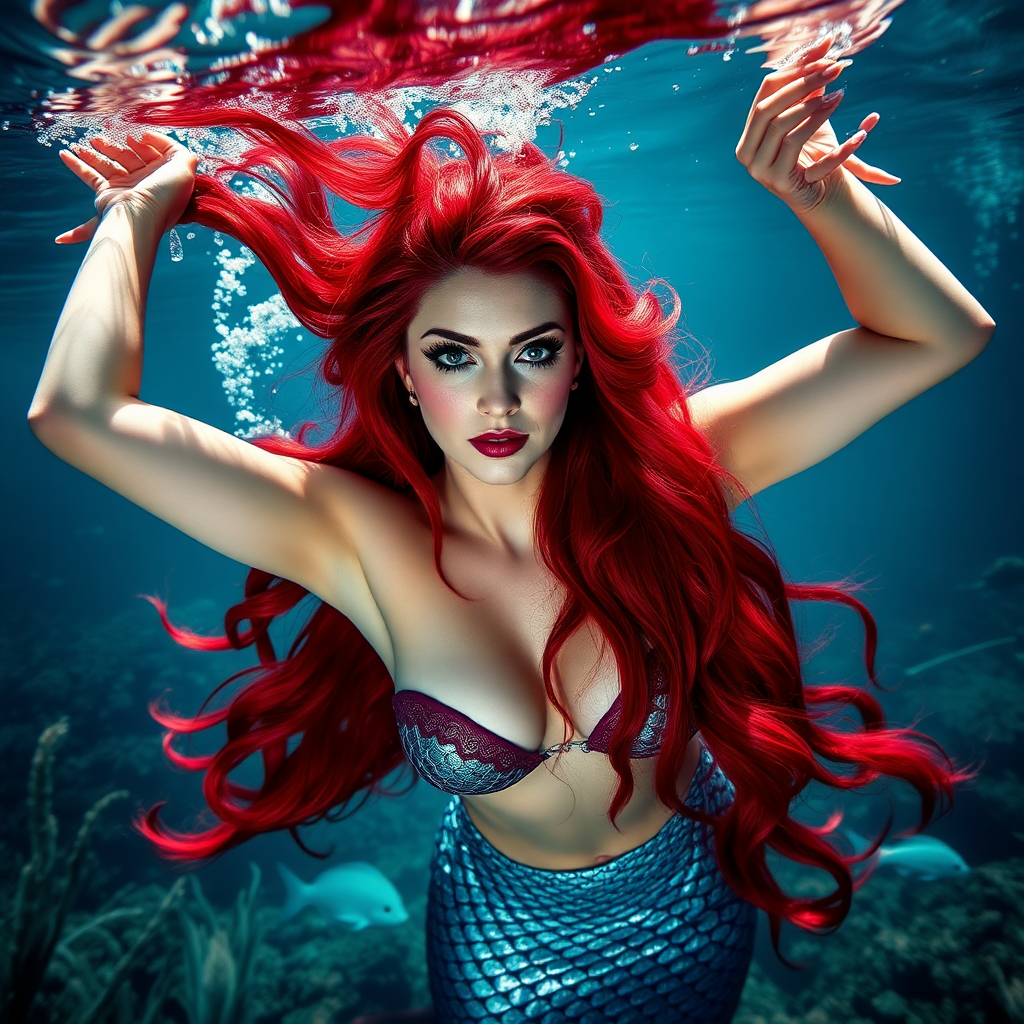 Jessica Rabbit as a fit and trim mermaid underwater amazing loose flowing hair floating in a nimbus around her beautiful face her arms outstretched languidly over her head. she's looking directly into the viewer's eyes making intense eye contact. diaphanous gossamer. Burlesque. Stunning undersea life details plants and fish and other creatures of the sea. Impressive, shining scaled mermaid tail. Amazing HD DSLR photographic output.