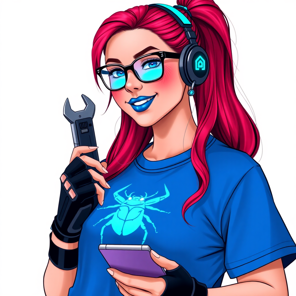 An intelligent and tech-savvy 29-year-old computer hacker and tech genius. She has a long ruby red ponytail. She wears maximum blue lipstick, blue eyes, a sapphire beetle gemstone necklace, sapphire earrings, black eyeglasses, hi-tech power gloves, and an oversized maximum blue t-shirt featuring a neon blue glowing beetle chest icon. She has a gargantuan full-figured physique with a prominent round gargantuan midsection, reflecting her well-cared-for lifestyle. She sports a sapphire headset with a hi-tech maximum turquoise lensed HUD, and a beaming smile accentuated by a passionate neon red blush. She serves as his tech expert from his hideout, holding a futuristic tool wrench and a futuristic digital tablet. The background is solid white. She is drawn as if she was in a retro 2D cyberpunk fighting game.