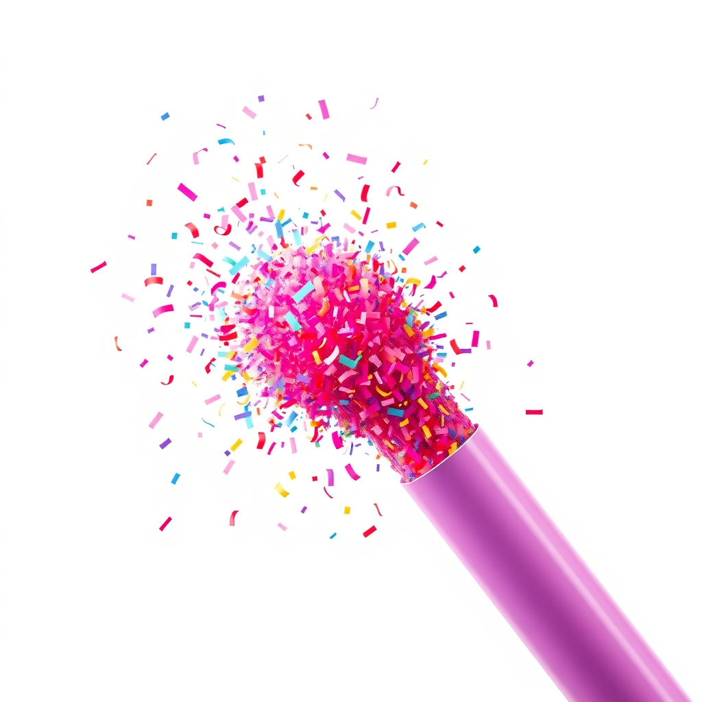 big confetti shooting from a colorful tube into the air, at an angle, white background, realistic, beautiful