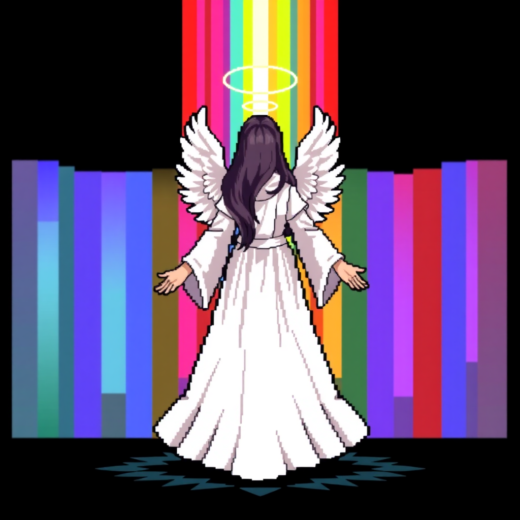 (Anime Style Pixel Art) Black background of a colorful/rainbow-like barrier, a powerful godly faceless goddess woman, 4 angel wings on back, white robes, holding hands out.