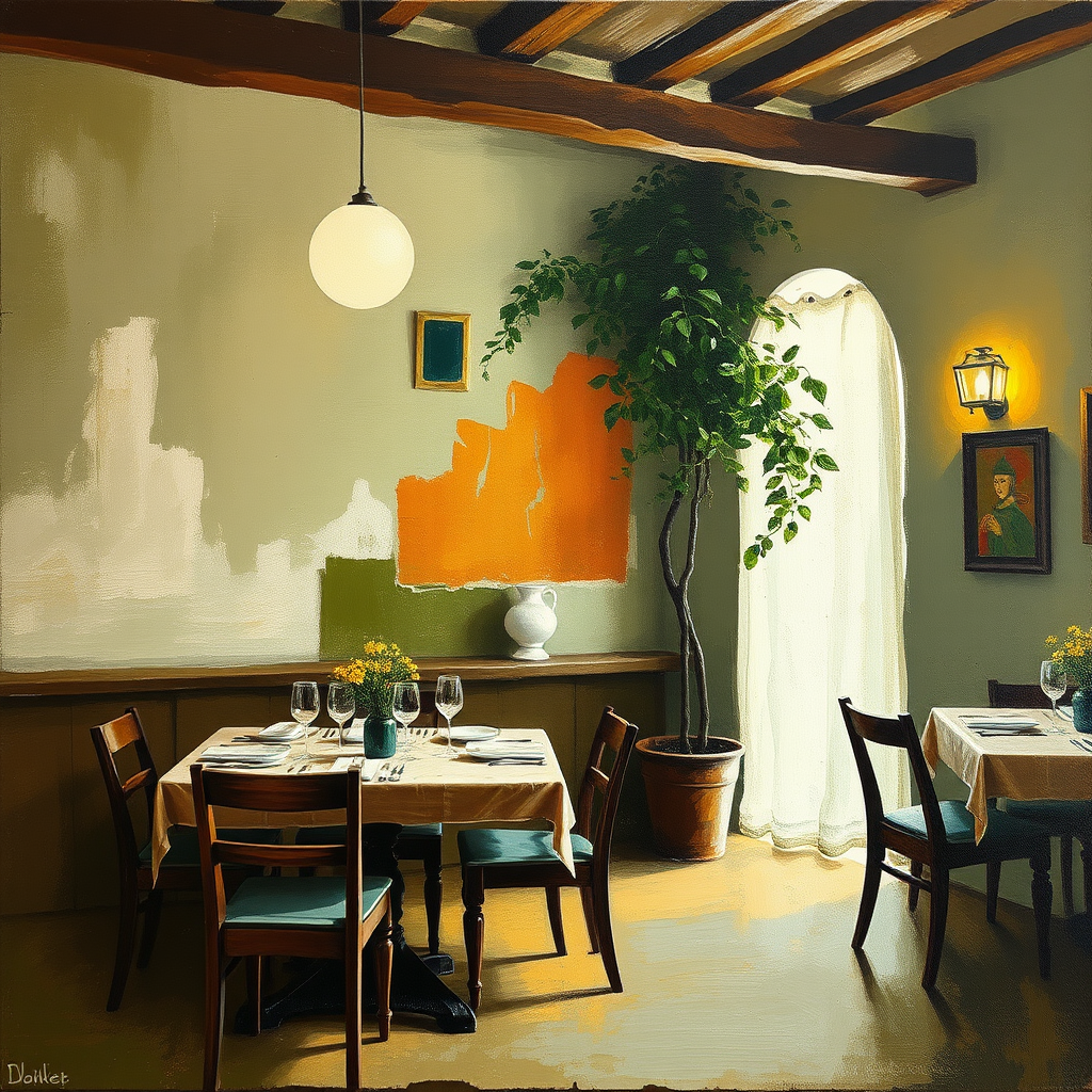 Original painting for a restaurant hotel in the hinterlands of Nice. A family establishment off the beaten path. Work in the spirit of wabi sabi painting, around green and ochre colors. Comforting painting, combining rustic and modernity.