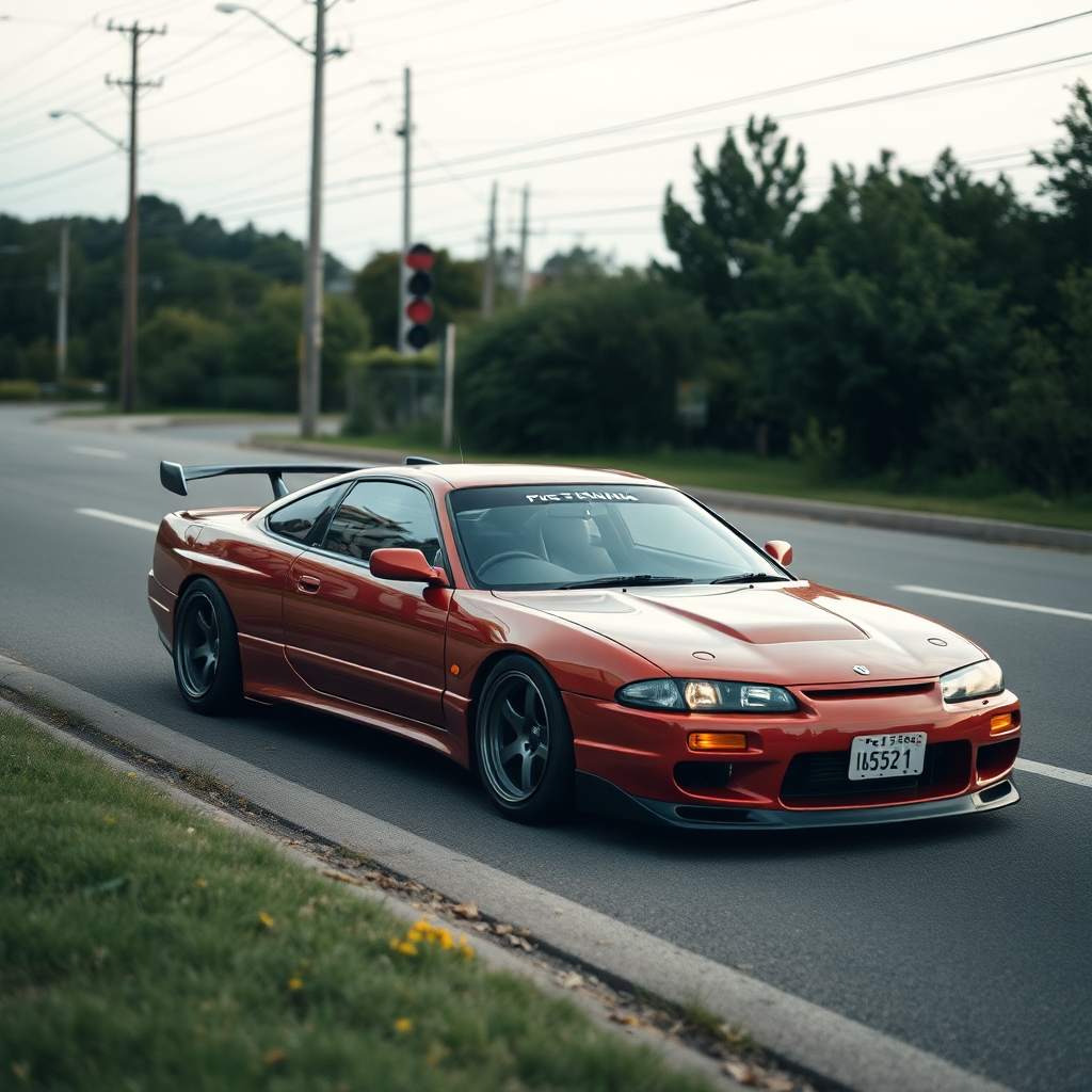 Nissan Silvia S14 the car is parked on the side of the road, inspired by Taiyō Matsumoto, tumblr, restomod, nd4, c4