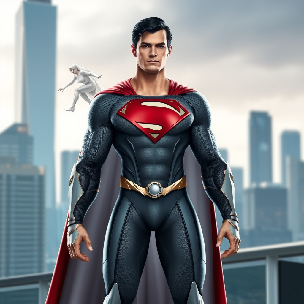 Generate a full-length image of Superman with Emma Frost's body type, while keeping Superman's head intact. Modify the body anatomy to reflect Emma Frost’s physique. Incorporate elements of Emma Frost's costume, such as her iconic white attire and accessories, into Superman's outfit. The background should be a fitting setting that complements both characters, blending superheroic and chic elements—perhaps a cityscape with touches of luxury. Ensure the image captures the essence of both characters while harmonizing their distinct styles.