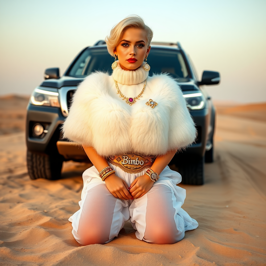 Kuwait desert dunes misty dawn, full size luxury SUV: Melissa, European 17 years old very convincing femboy “trophy-bimbo”, tamed servile docile, very beautiful feminine flawless face, rather short, by hormones very curvaceous womanly figured, platinum blond short tight curls, bold red lips, heavily made-up face, wearing Supertanya-style fluffy very fuzzy bright white angora turtleneck-poncho cropped ending under bust decorated with pearls and gemstones, striking oriental wide gold bridal protection belt, white fully transparent harem pants, bright red pumps with golden very high heels, full Oriental bridal jewelry including headpiece, nose-ring, coin anklets, striking diamond “Bimbo” letter brooch on left chest, pout frustrated, hands tied behind back, kneeling in sand in front of SUV, looking at camera. Focus on face and turtleneck-poncho.