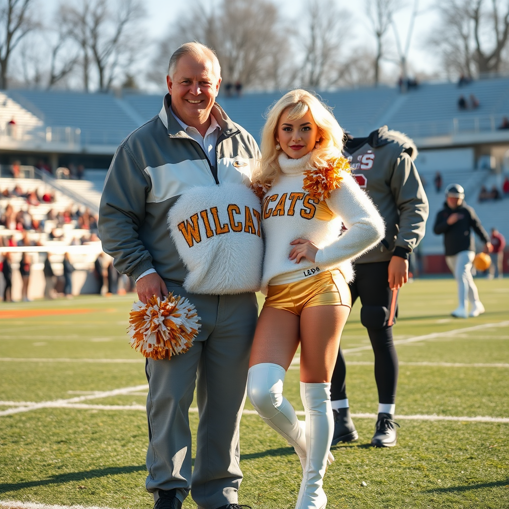 Sunny cold fall noon, college football stadium game, cheerleaders leader squat: Ana, European 17 years old very convincing femboy “QB’s trophy-bimbo”, tamed servile docile, very beautiful feminine flawless face, rather short boyish figure, platinum blond short tight curls, bold red lips, heavily made-up face, fluffy very fuzzy bright white plushy hazy thick angora turtleneck-sweater with “gold “WILDCATS” letters, vinyl gold short shorts, mesh pantyhose, white vinyl thigh-high boots with golden heels, large gold-white pompoms, pearl earrings, standing, shoulders slightly arched back to present her assets, posing for photo with Hank: older tall overweight male football coach, wearing college football coach outfit, triumphant smile, nimbly patting Ana. Jealously watching from behind: very angry wildcat’s QB.