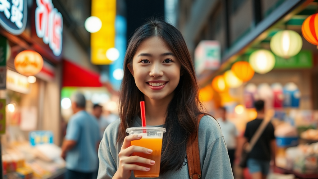 A brightly lit urban background, blurry, a Taiwanese girl shopping at a night market, facing forward, wearing a sweet smile, holding bubble tea in her hand.