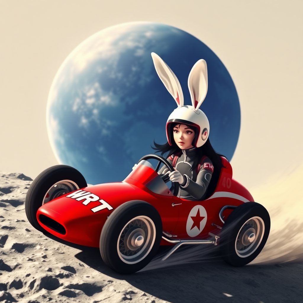 On the surface of the moon dotted with many craters, a red lunar racing car races by, with "WRT" written on it. A black-haired beautiful female racer, wearing a racing helmet adorned with upright white rabbit ears, grips the steering wheel tightly, with a gigantic round blue Earth in the background.