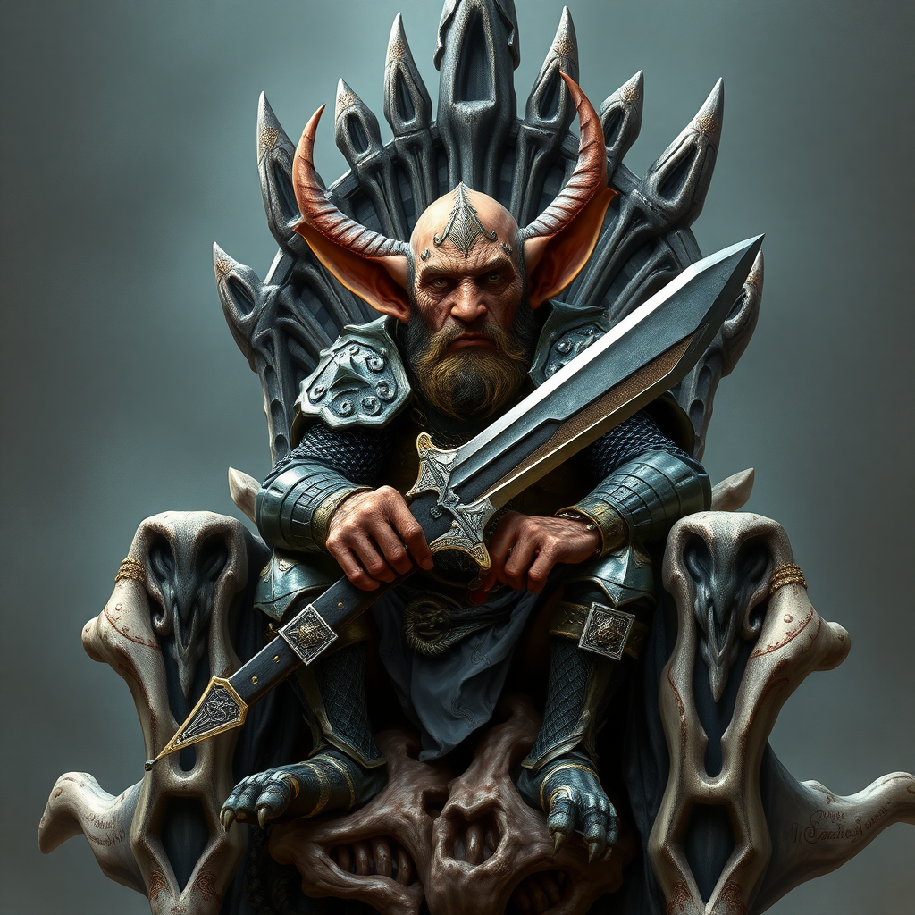 Fantasy style, Hobgoblin (Dungeons and Dragons 5th edition) around 30 years charismatic, wearing chainmail and a broadsword, one blade only, sitting on a bone throne, photorealistic