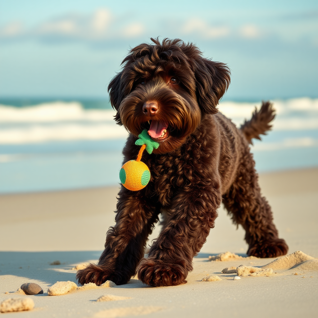 cute gigantic dark chocolate colored cockapoo, playing on the beach, ultra realistic, ultra detailed, 50mm photo, toy in his mouth, huge