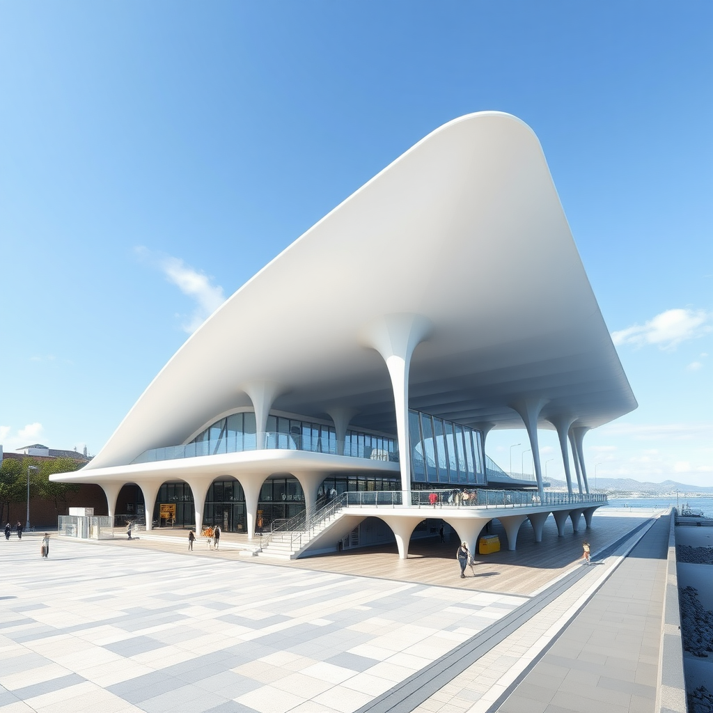 Concept design of a bus terminal inspired by Sendai Mediatheque  
Architect: Toyo Ito with stilt floor and staggered flooring with 2-storey structure bus terminal should be open, fluid, public space with commercial space. The bus terminal has a beach on the west side. Architecture structural form.