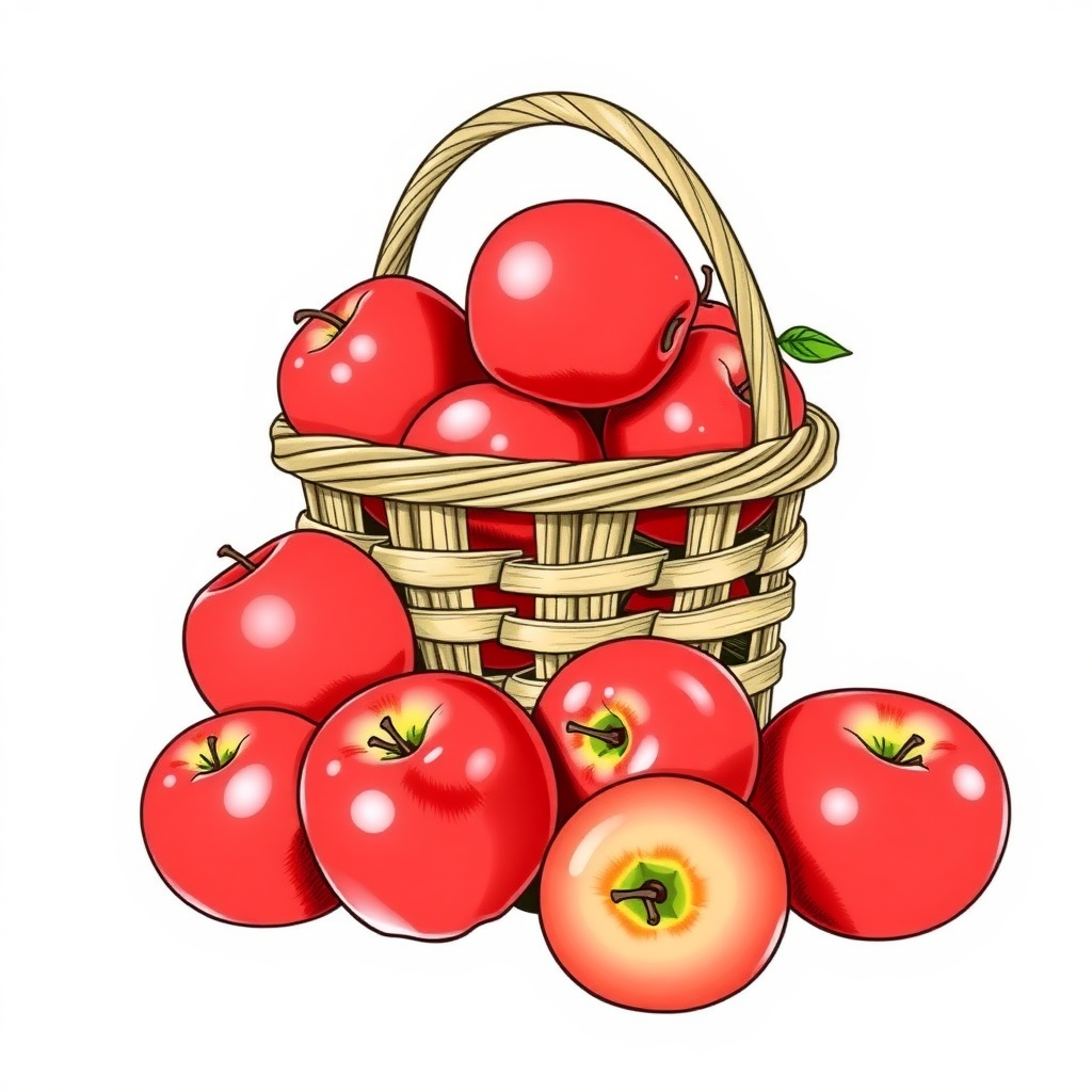 a color image of a basket of red, delicious apples, with a handle for the basket, a white background, and a stylized drawing compatible with B&W printing of the image