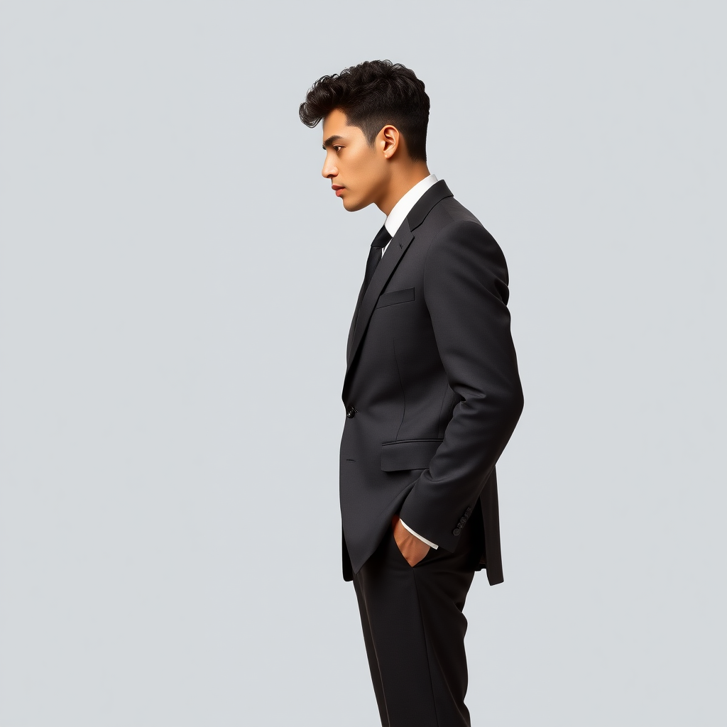 Tall male model in profile, dressed in an elegant suit, long pants, patent leather shoes, very short curly hair, oval face, small nose, brown eyes, thin lips, normal attached ears, slight double chin, Mediterranean complexion, very thin brown eyebrows.