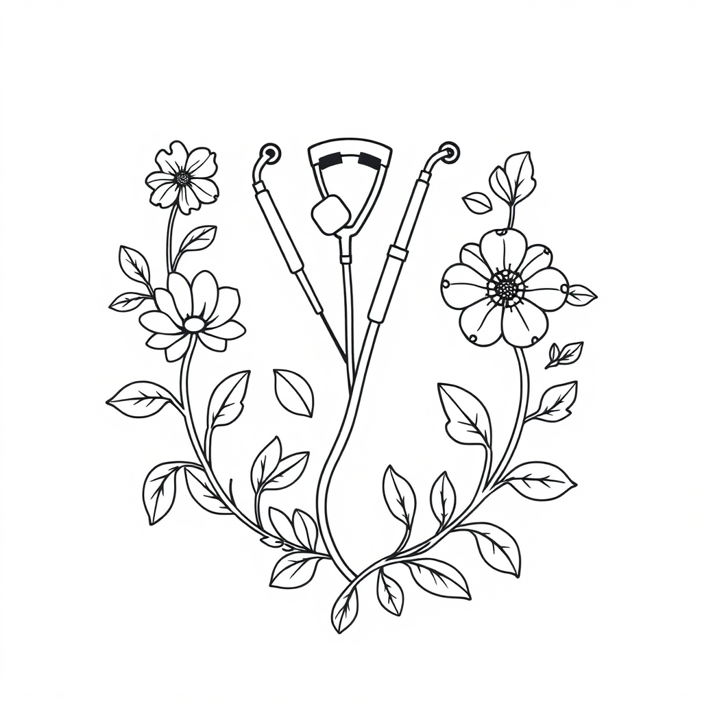 a black on white, line design depicting surgical and floral iconography