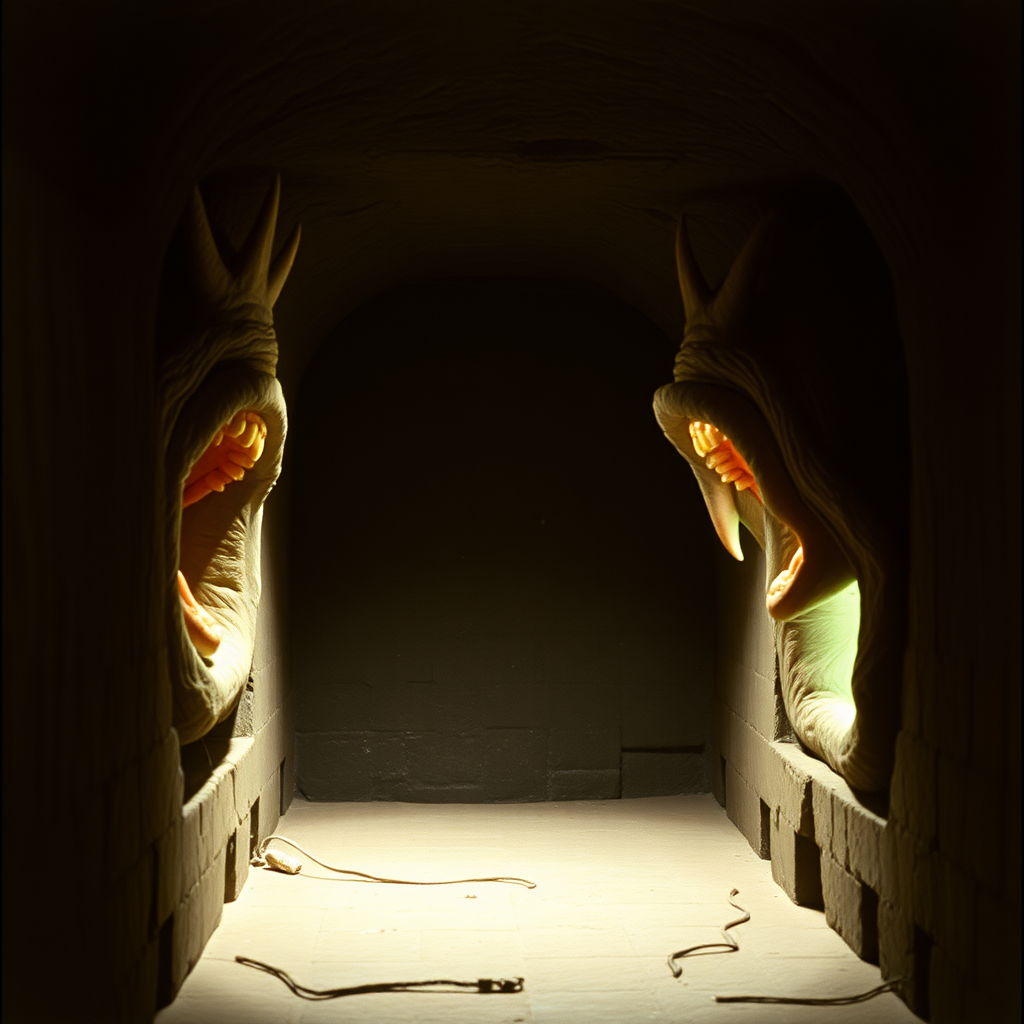 highly detailed realistic 35mm fantasy movie still photograph from 1981 of The third pair of alcoves contains a double magic mouth spell, and this magic omen will be triggered as soon as any adventurers reach the point in the corridor between the two alcoves. When this occurs, a mouth appears on the side wall of the east alcove, and another mouth appears on the side wall of the west alcove.