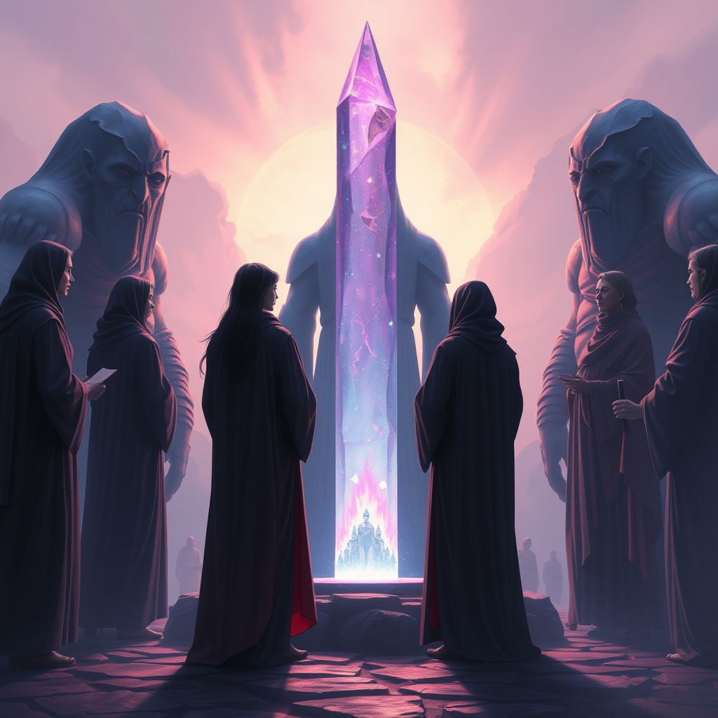 Chromatic, people in dark robes, standing around a crystal light pillar, being talked to by huge humanoid beings