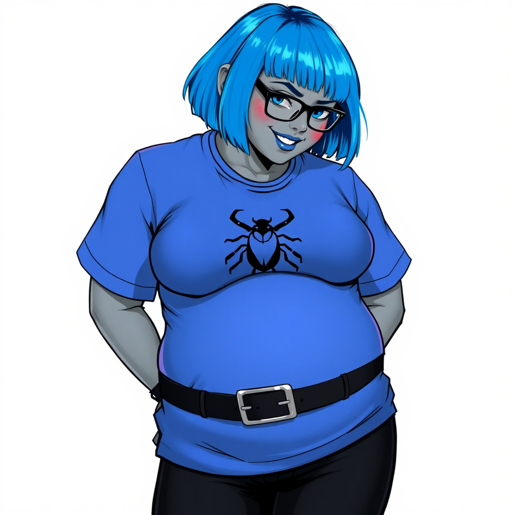 A 28-year-old, full-figured, metallic middle gray skinned computer program hybrid with a short maximum blue bob cut. She has a non-athletic build, highlighted by a prominent, round midsection (with a focus on her round belly). As a digital sidekick to her cyberpunk vigilante boyfriend, her middle gray metallic skin and maximum blue lipstick emphasize her digital nature. She wears a large, tight-fitting, maximum blue t-shirt (accentuating her belly) with a black chest icon of a beetle on its chest, black pants, a black belt with a sapphire scarab buckle, and black gloves. Her bright blue eyes, black eyeglasses, and shy smile with neon red blush accentuate her nerdiness. She bashfully bows her head (while still facing the screen) with her hands behind her back, her t-shirt covers her midsection (especially her belly) and emphasizing her full-figured, non-athletic physique. She is on a solid white background. She is drawn as if she was in a retro 2D cyberpunk fighting game. She is clearly non-athletic, with a focus on her full figure. Make sure her outfit covers all of her bare skin (especially her midsection).