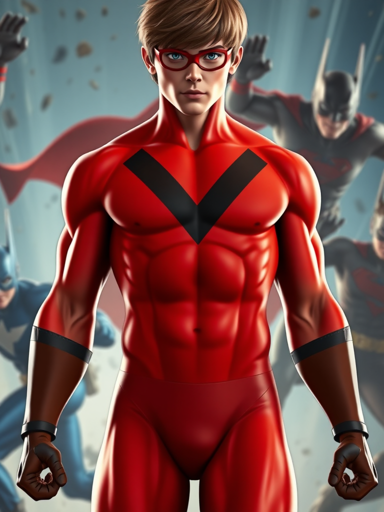 Create a full-length hyper-realistic render: Velma Dinkley, male body type of a chiseled superhero, defined muscles, V-shaped torso, Velma's head intact, modified silhouette. Background: dynamic superhero action scene.