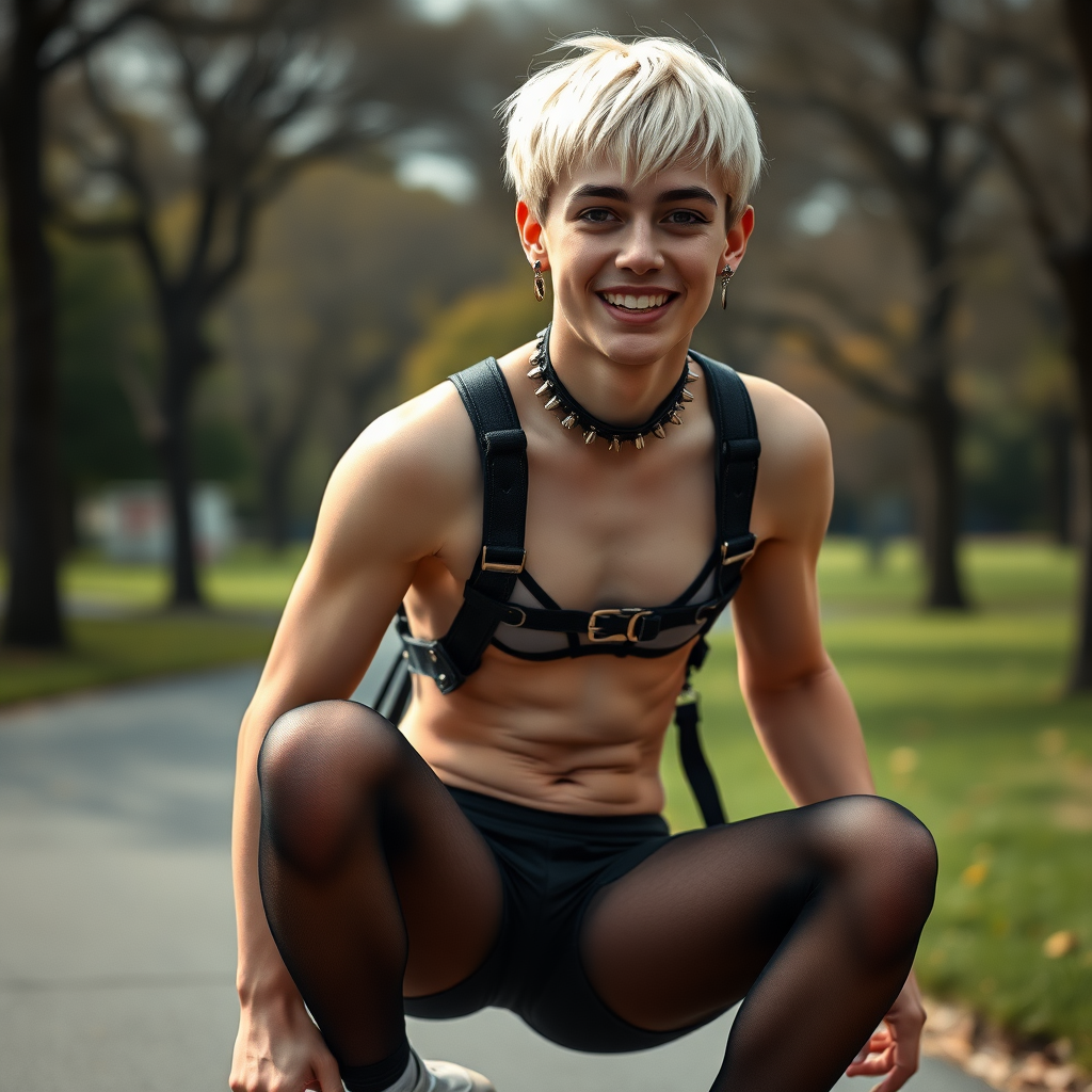 photorealistic, ultra high resolution, 16K, surreal fantasy, studio lighting, a pretty 16 year old goth boy, slim male physique, short blonde hair, goth makeup, earrings, pantyhose, harness, spikey dog collar and leash, trainer-bra, white ballet shoes, riding a skateboard in the park, excited smile, facing the camera.