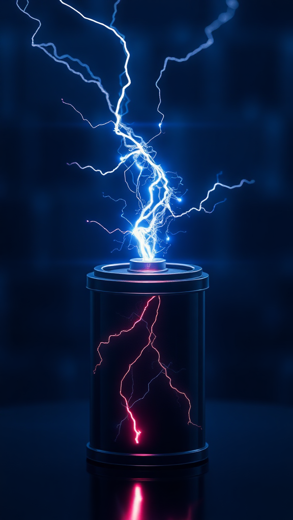 The appearance of an electric spark in a secondary battery cell, please express it as a realistic image using 3D rendering, express the background as a cybernetic and mysterious image, and express the overall color as dark blue.