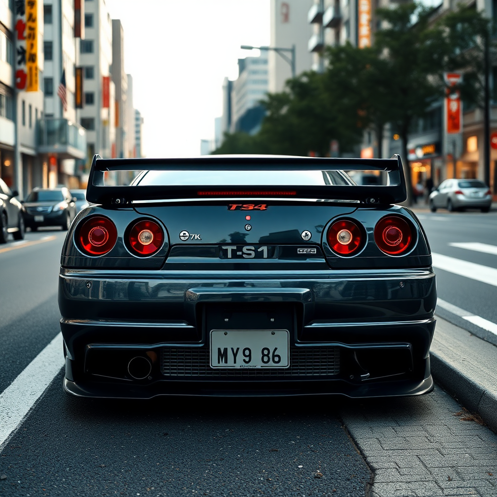 The car is parked on the side of the road, inspired by Taiyō Matsumoto, tumblr, restomod, nd4, c4 metallic shine gray black nissan skyline r34 tokyo gece cosplay kadınlar arkaplan hatasız ayrıntılı genel gerçek detaylar