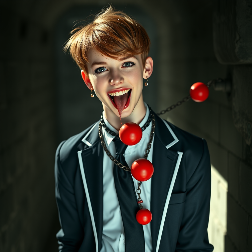 photorealistic, ultra high resolution, 16K, surreal fantasy, soft studio lighting, Tyler Swift is a pretty 18 year old goth male, slim male physique, auburn hair, goth makeup, earrings, shiny black pantyhose, school uniform shirt tie and blazer, Mary-Jane shoes, spikey neck collar chain and leash, red ball-gag, in a dungeon, the end of the leash is chained to the wall, in daylight, excited open mouth smile, drooling a stream of saliva, facing the camera.