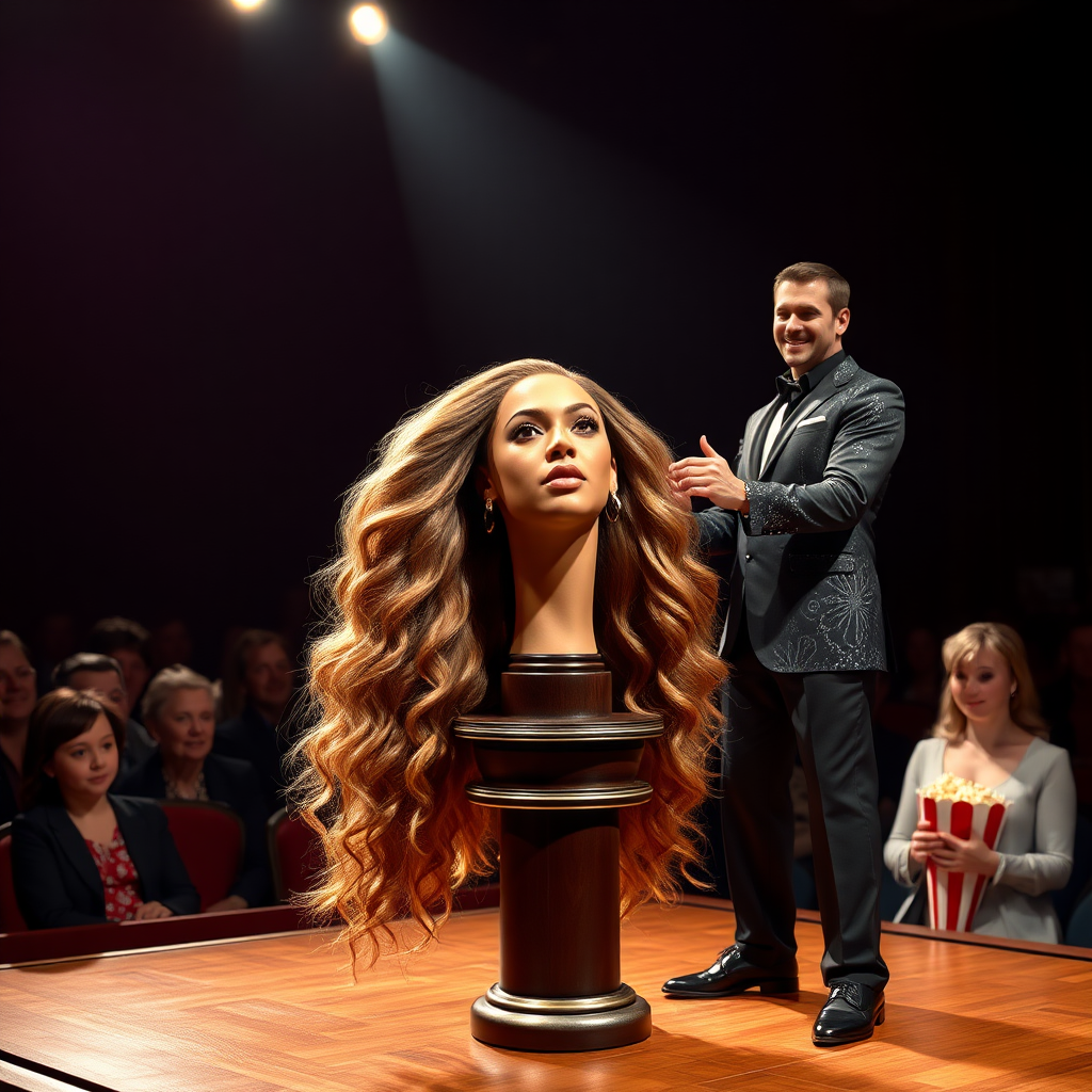 In a dimly lit theater, the atmosphere crackles with anticipation, the audience's murmurs a blend of curiosity and skepticism. On a grand, elegantly adorned display stand sits the disembodied head of the enchanting Beyoncé, her radiant skin glistening under the soft, warm glow of the spotlight. Her striking features are perfectly framed by cascading locks of lustrous, very long hair that shimmer with hues of light brown and hints of rich mahogany, reminiscent of polished silk.

Standing beside her is the magician, a charismatic figure in a sharp, tailored suit that glints with sequins in the light. With theatrical flair, he holds her voluminous hair aloft, fingers splayed wide, deftly spreading it out like a shimmering waterfall, mesmerising the audience. The hair flows like liquid night, each strand capturing the light as it falls gracefully to the ground, creating a stunning, almost surreal contrast against the stark wooden stage.

The magician’s face is lit with a confident smile, his eyes sparkling with the thrill of the performance, as he engages the audience with playful banter. Their gasps and laughter echo throughout the room, a symphony of wonder and disbelief. The scent of polished wood and fresh popcorn wafts through the air, mingling with the underlying electricity of the moment. Time seems to stand still as the audience leans in, captivated by the spectacle, a seamless blend of illusion and artistry that promises to defy reason and ignite imagination.