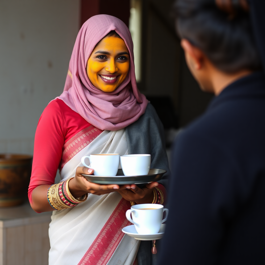 slim, 30 year old, sexy, traditional indian wife, hijab, turmeric face mask. She is smiling and serving coffee on a tray to stranger.