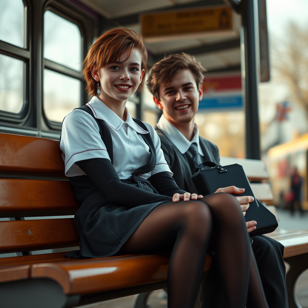 photorealistic, ultra high resolution, 16K, surreal fantasy, soft studio lighting, a pretty 18 year old goth male, slim male physique, auburn hair, goth makeup, earrings, shiny black pantyhose, UK girls-school uniform, Mary-Jane shoes, sitting on his boyfriend's lap on a bench waiting for the school bus, in daylight, excited smile, facing the camera.