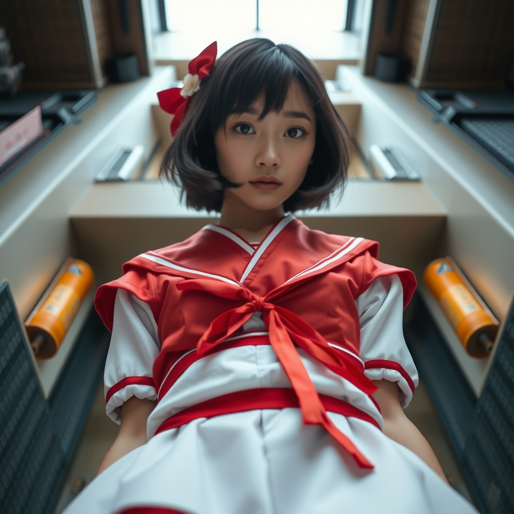 photo low angle POV full body view Japanese woman wearing seifuku looking down at viewer