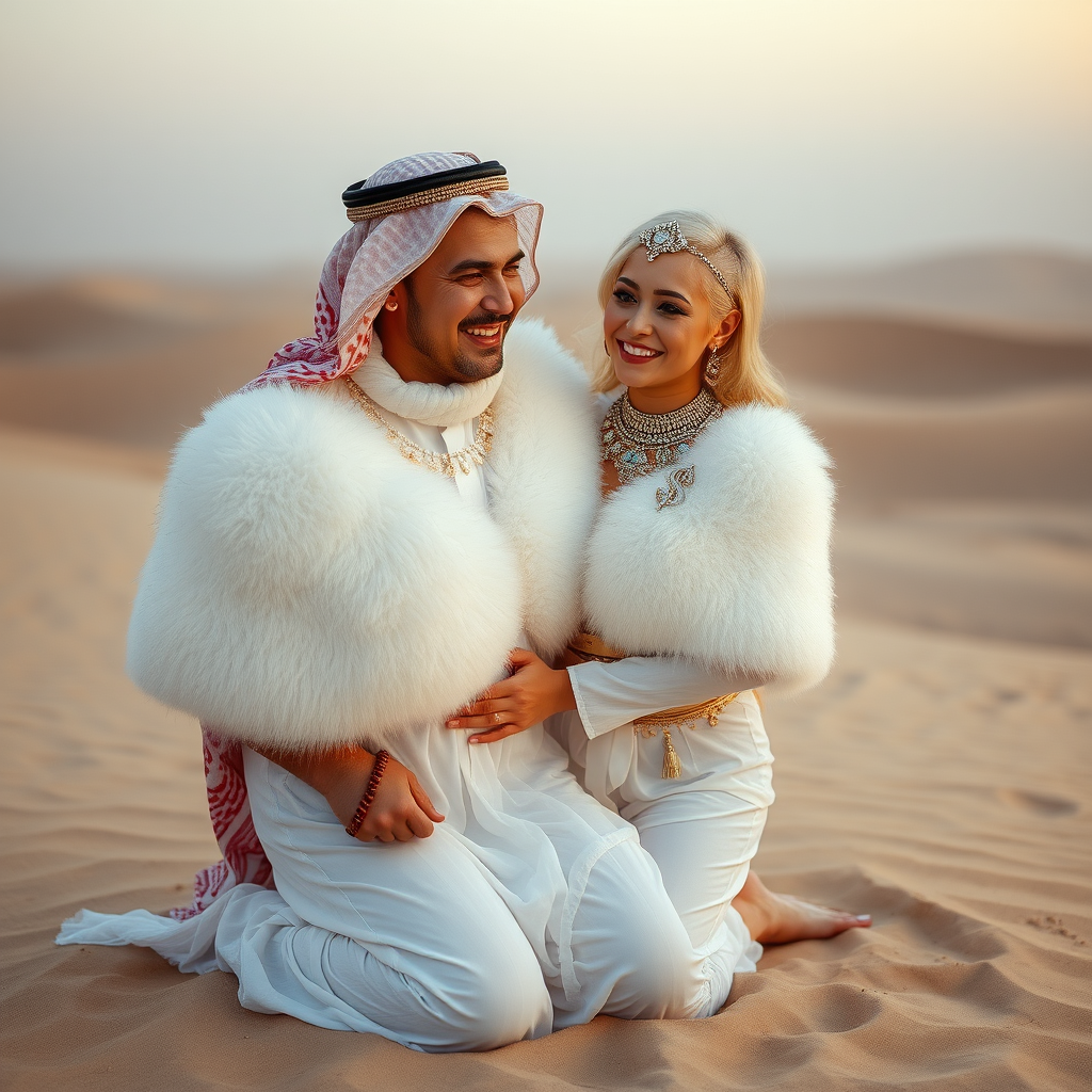 Kuwait desert dunes misty dawn: Melissa, European 17 years old very convincing femboy “trophy-bimbo”, tamed servile docile, very beautiful feminine flawless face, rather short boyish figure, platinum blond short tight curls, bold red lips, heavily made-up face, wearing Supertanya-style fluffy very fuzzy bright white angora turtleneck-poncho cropped ending under bust decorated with pearls and gemstones, striking oriental wide gold bridal protection belt, white fully transparent harem pants, full Oriental bridal jewelry with striking headpiece, full Oriental face-jewelry, striking diamond “$$$” letter brooch on left chest, pout frustrated, hands tied behind back, kneeling in sand with older overweight mighty sheik laughing, devotedly embracing Melissa..