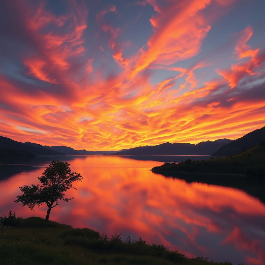 A serene twilight landscape featuring a tranquil lake reflecting vibrant, swirling clouds at sunset. The sky is painted in a gradient of oranges, pinks, and purples, juxtaposed with soft blues, creating an ethereal ambiance. In the foreground, a solitary tree stands near the water's edge, while silhouettes of distant mountains frame the background. Lush greenery and gentle hills line the shore, enhancing the peacefulness of the scene. The reflection on the lake mirrors the colors and textures of the sky, producing a harmonious and dreamlike quality. The overall aesthetic is hyper-realistic, capturing the breathtaking beauty of nature during golden hour.